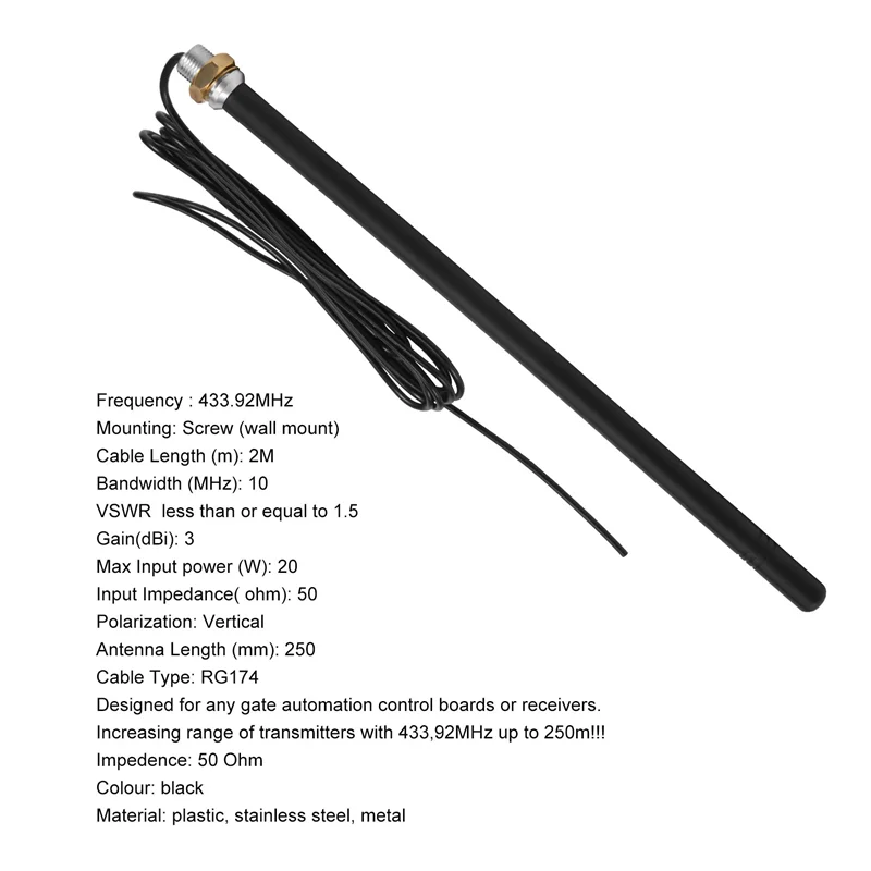 A19Q-Outdoor 433.92Mhz Antenna With RG174 Cable Garage Door Remote Control Signal Enhancement Antenna
A19Q-Outdoor 433.92Mhz Antenna With RG174 Cable Garage Door Remote Control Signal Enhancement Antenna