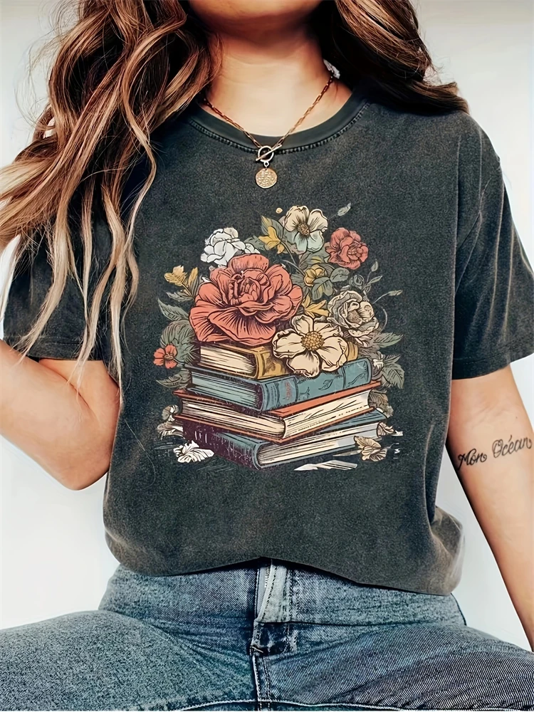 Summer Casual Breathable Short Sleeve T-Shirt Flower And Book Pattern Round Neck T-Shirt 2025 Fashion Elegant Vacation Women's
Summer Casual Breathable Short Sleeve T-Shirt Flower And Book Pattern Round Neck T-Shirt 2025 Fashion Elegant Vacation Women's
