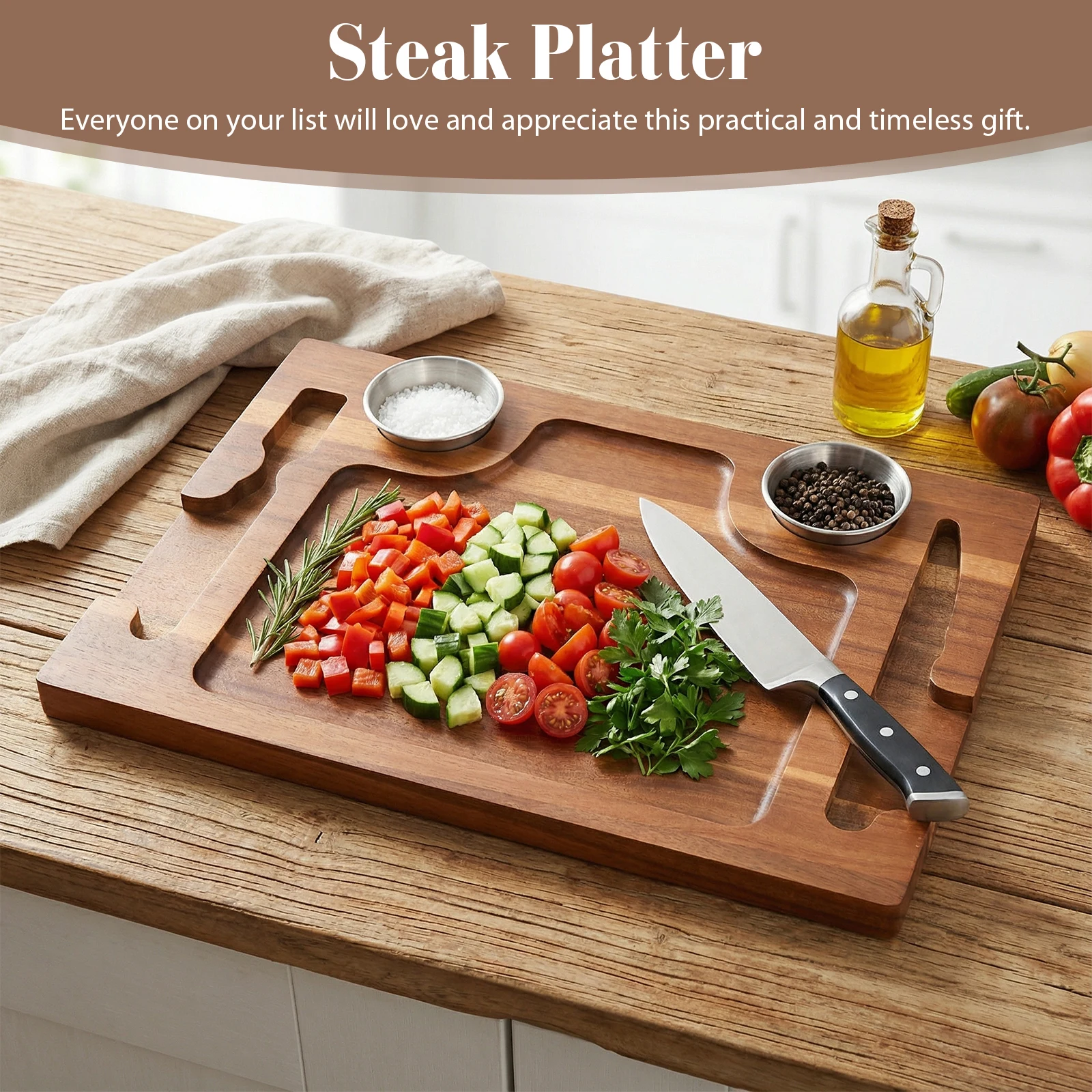 Acacia Wood Steak Plate Board for Eating, Meat Cutting Board for Steak Food Serving Tray with 2 Sauce Cups for Family Dinners
Acacia Wood Steak Plate Board for Eating, Meat Cutting Board for Steak Food Serving Tray with 2 Sauce Cups for Family Dinners