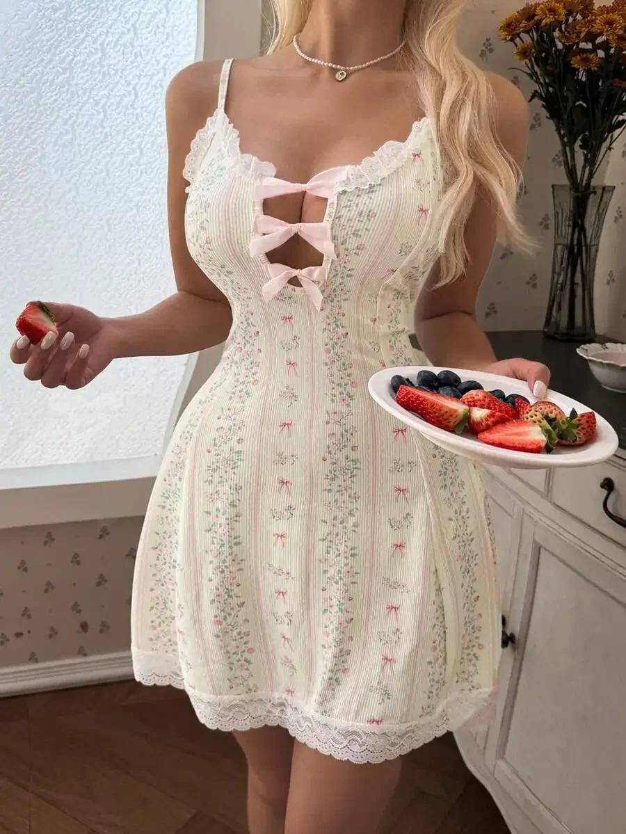 Womens Floral Lace Trim Camisole Nightgown With Bow Detail Mini Sleep Dress
Womens Floral Lace Trim Camisole Nightgown With Bow Detail Mini Sleep Dress
