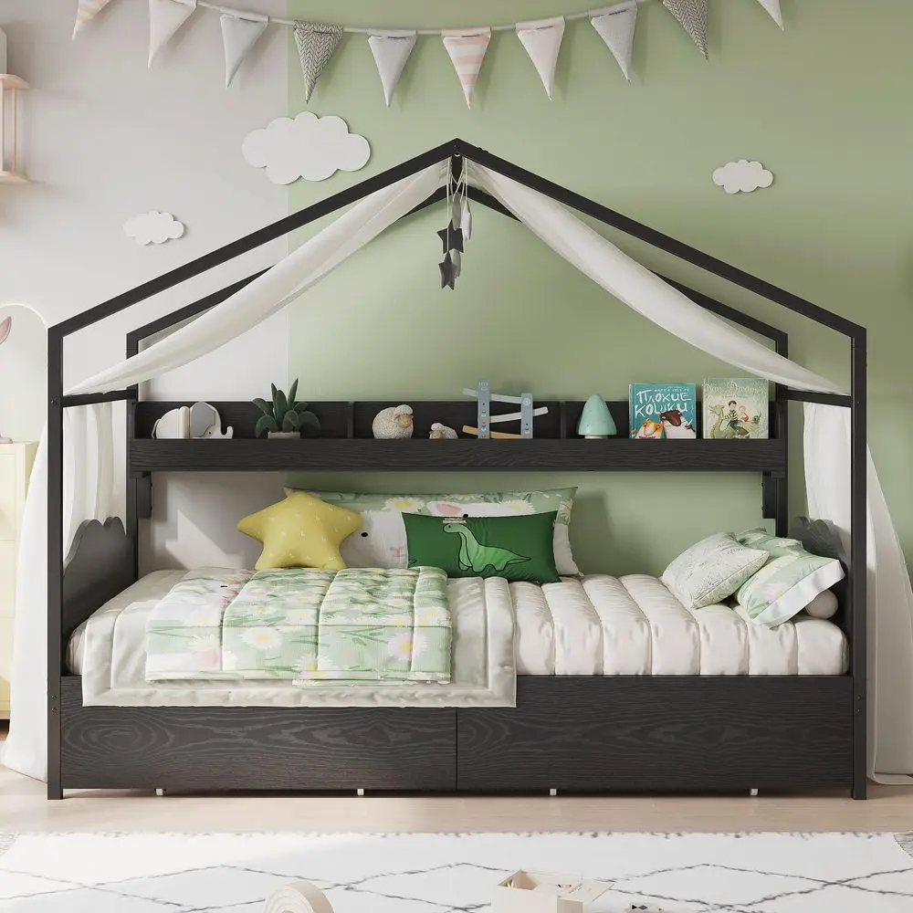 Twin Bed Frame with 2 Storage Drawers, DIY House Bed with Bookshelf amp Curved Headboard amp Footboard, Twin Corner Bed Frames
Twin Bed Frame with 2 Storage Drawers, DIY House Bed with Bookshelf amp Curved Headboard amp Footboard, Twin Corner Bed Frames