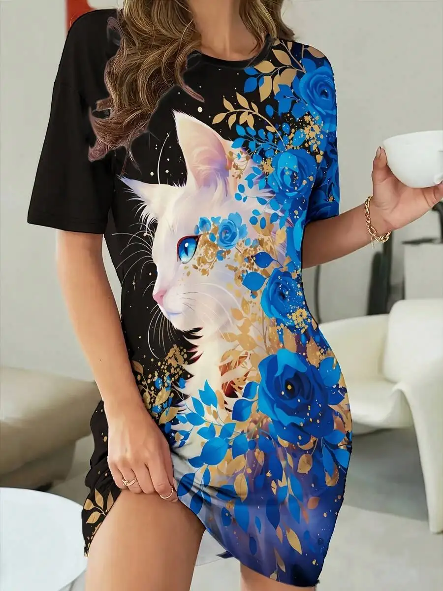 Womens Casual Short Sleeve Dress With White Cat And Blue Rose Print
Womens Casual Short Sleeve Dress With White Cat And Blue Rose Print