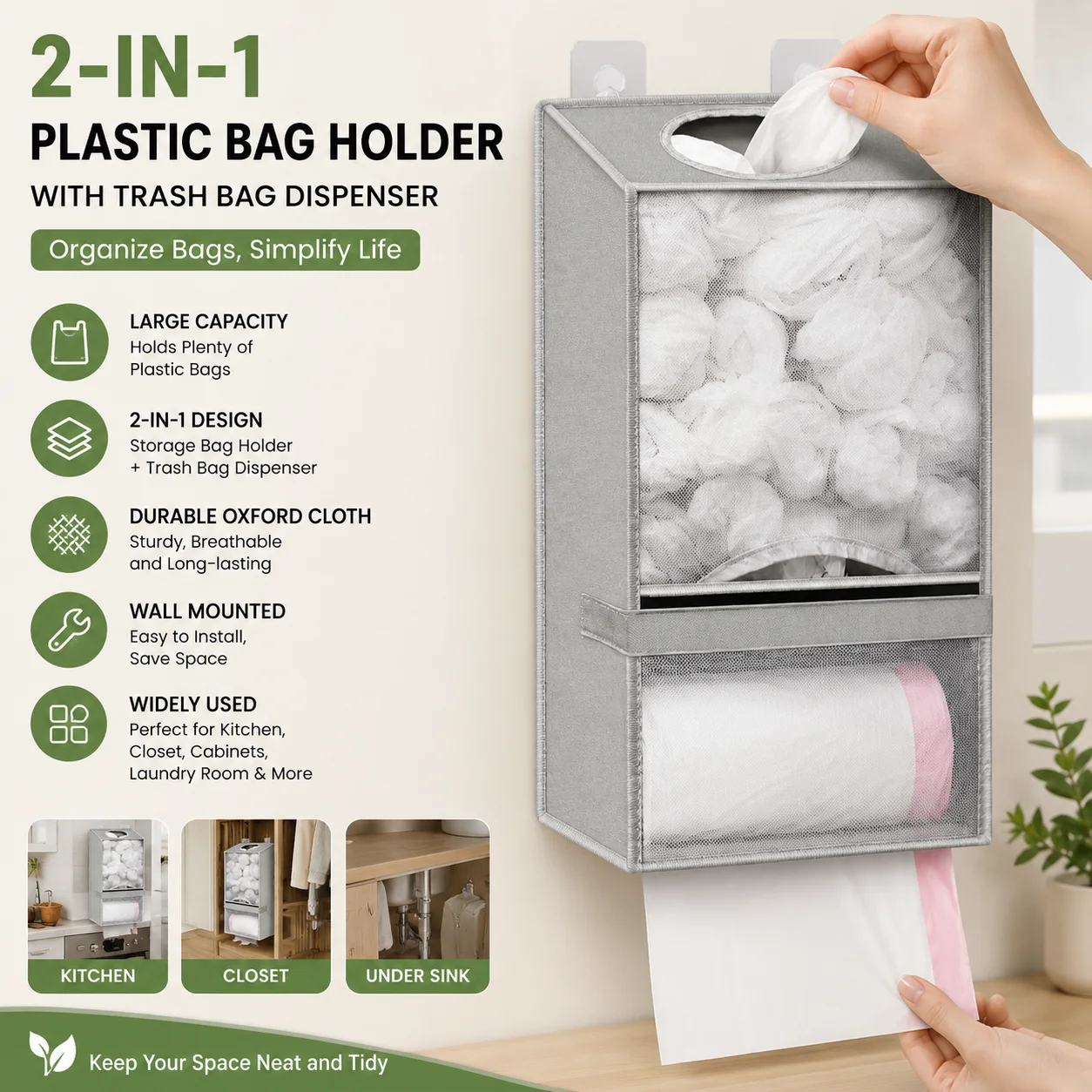 Wall Mount Plastic Bag Grocery Holder Large Oxford Cloth 2 in 1 Organizer with Trash Roll Dispenser Gray for Kitchen Closet Sink
Wall Mount Plastic Bag Grocery Holder Large Oxford Cloth 2 in 1 Organizer with Trash Roll Dispenser Gray for Kitchen Closet Sink