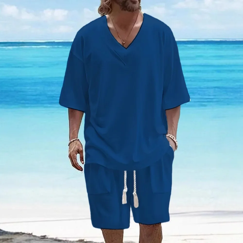 2025 Summer New Men's Casual Cotton and Linen V-neck T-shirt Fashion High Quality Comfortable Short Sleeve Beach Shorts Two Sets
2025 Summer New Men's Casual Cotton and Linen V-neck T-shirt Fashion High Quality Comfortable Short Sleeve Beach Shorts Two Sets