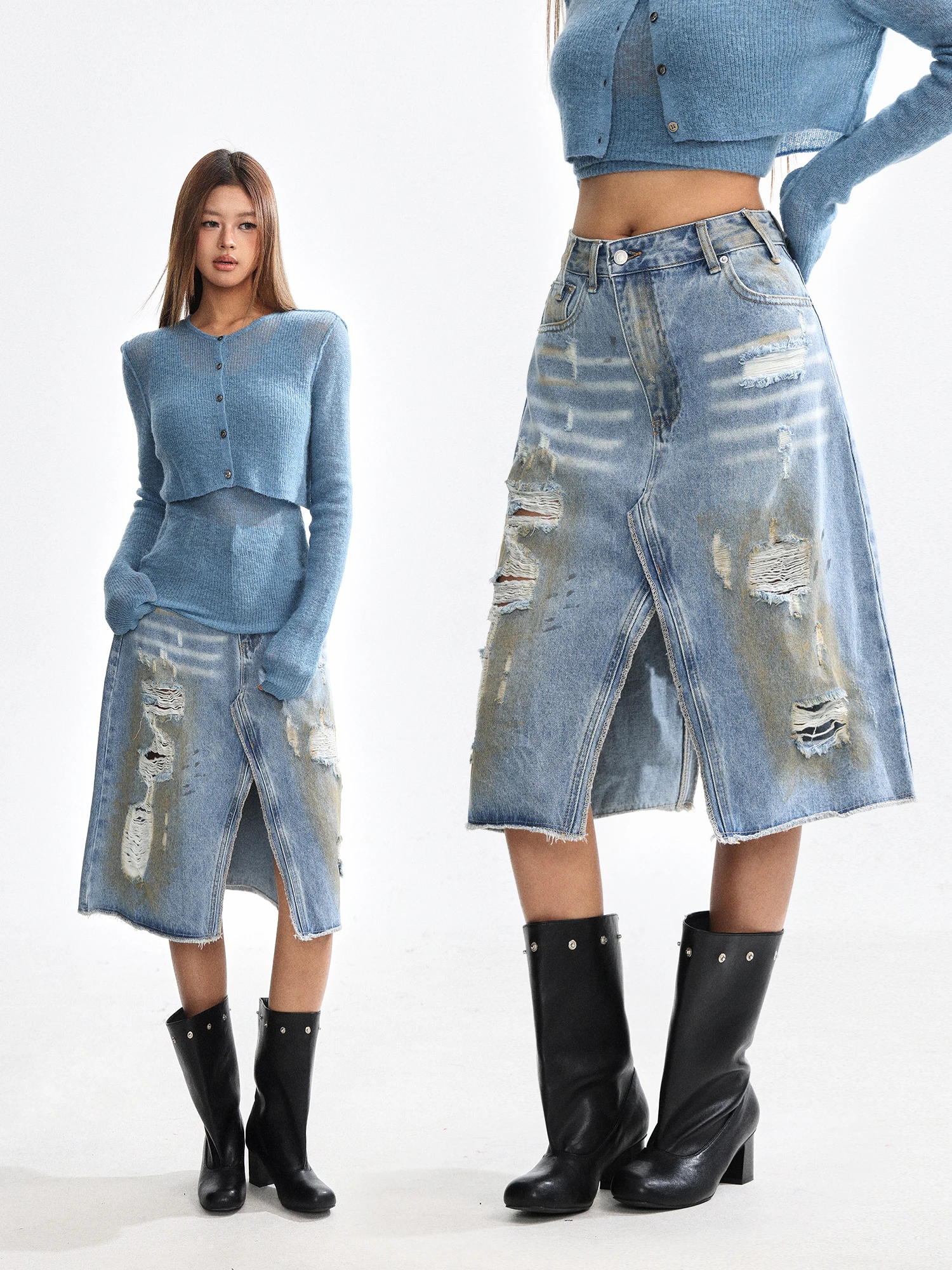 July Cool Spicy Girl Ripped Denim Skirt Women's Summer American Weathered Mid-Length Skirt Design Sense Slit Half Skirt
July Cool Spicy Girl Ripped Denim Skirt Women's Summer American Weathered Mid-Length Skirt Design Sense Slit Half Skirt