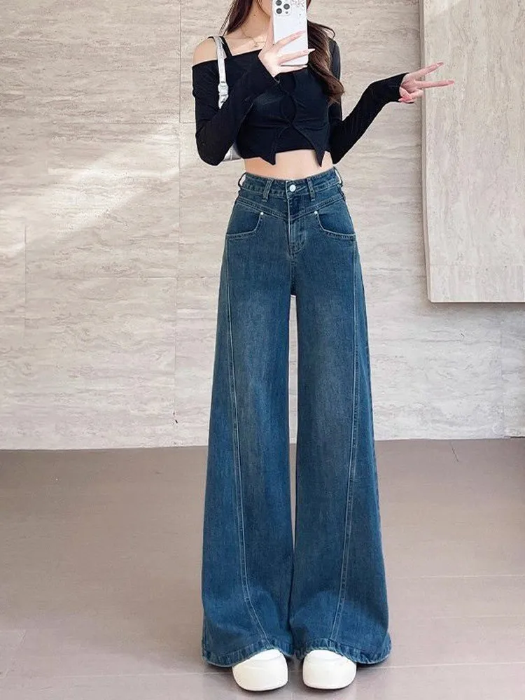 Retro Blue Wide Leg Jeans Women's Spring Autumn High Waist Straight Cut Floor-Length Pants Splicing Design Slimming Effect
Retro Blue Wide Leg Jeans Women's Spring Autumn High Waist Straight Cut Floor-Length Pants Splicing Design Slimming Effect