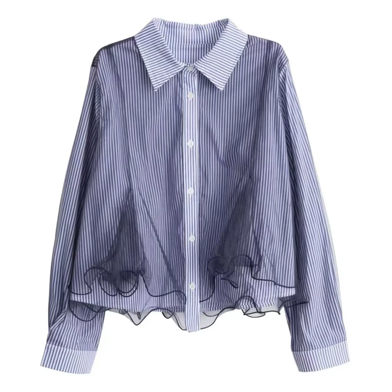 Unique Beautiful Striped Shirt Women's Mesh Splice Lace Trim Long Sleeve Autumn Fashionable Breathable Loose Fit Button up Top
Unique Beautiful Striped Shirt Women's Mesh Splice Lace Trim Long Sleeve Autumn Fashionable Breathable Loose Fit Button up Top