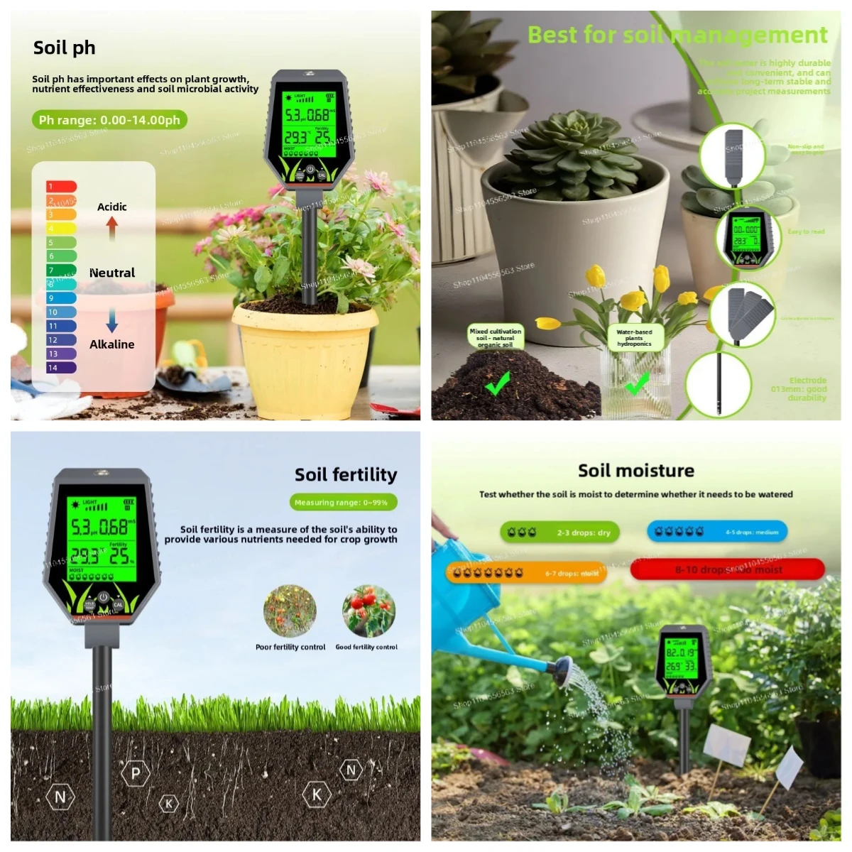 Farmland soil measurement tool, three-in-one detection, pH moisture conductivity monitoring
Farmland soil measurement tool, three-in-one detection, pH moisture conductivity monitoring