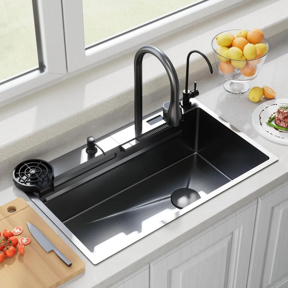 Waterfall Workstation Kitchen Sink 33 Inch Black Deep Single Bowl with Digital Faucet and Accessories
Waterfall Workstation Kitchen Sink 33 Inch Black Deep Single Bowl with Digital Faucet and Accessories