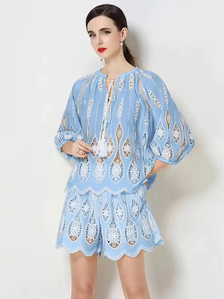 Women Hollow Out Lace 2 Piece Set Short Sleeve Top And Shorts Boho Summer Beach Vacation Outfit Casual Loose Playsuit Romper
Women Hollow Out Lace 2 Piece Set Short Sleeve Top And Shorts Boho Summer Beach Vacation Outfit Casual Loose Playsuit Romper