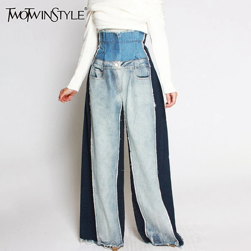 TWOTWINSTYLE Hit Color Denim Patchwork Women Trousers High Waist Casual Big Size Wide Leg Pants Female Fashion Spring 2020 New
TWOTWINSTYLE Hit Color Denim Patchwork Women Trousers High Waist Casual Big Size Wide Leg Pants Female Fashion Spring 2020 New