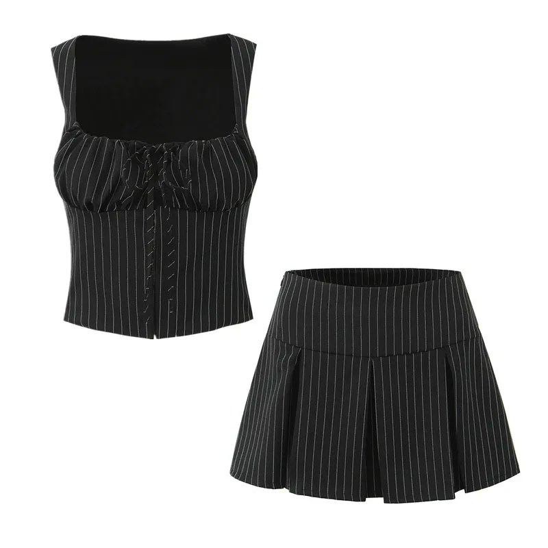 BKQU Striped Y2k Two Piece Set Women Sleeveless Lace Up Tank Tops Low Waist Pleated Mini Skirt Suits 2026 Summer Casual Outfits
BKQU Striped Y2k Two Piece Set Women Sleeveless Lace Up Tank Tops Low Waist Pleated Mini Skirt Suits 2026 Summer Casual Outfits