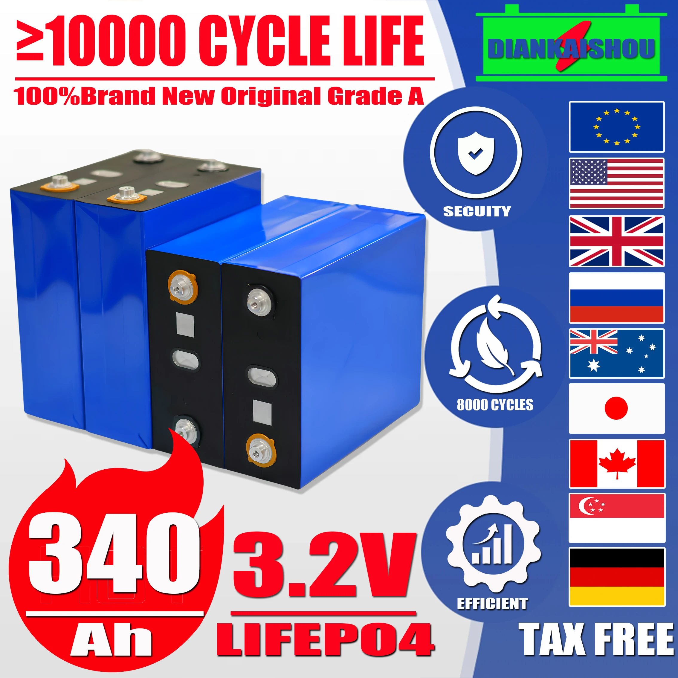 10000 Cycles 3.2V 340AH Lifepo4 Rechargeable Battery Grade A+ DIY 12V 24V 48V RV EV Boat Golf solar energy camping duty-free
10000 Cycles 3.2V 340AH Lifepo4 Rechargeable Battery Grade A+ DIY 12V 24V 48V RV EV Boat Golf solar energy camping duty-free