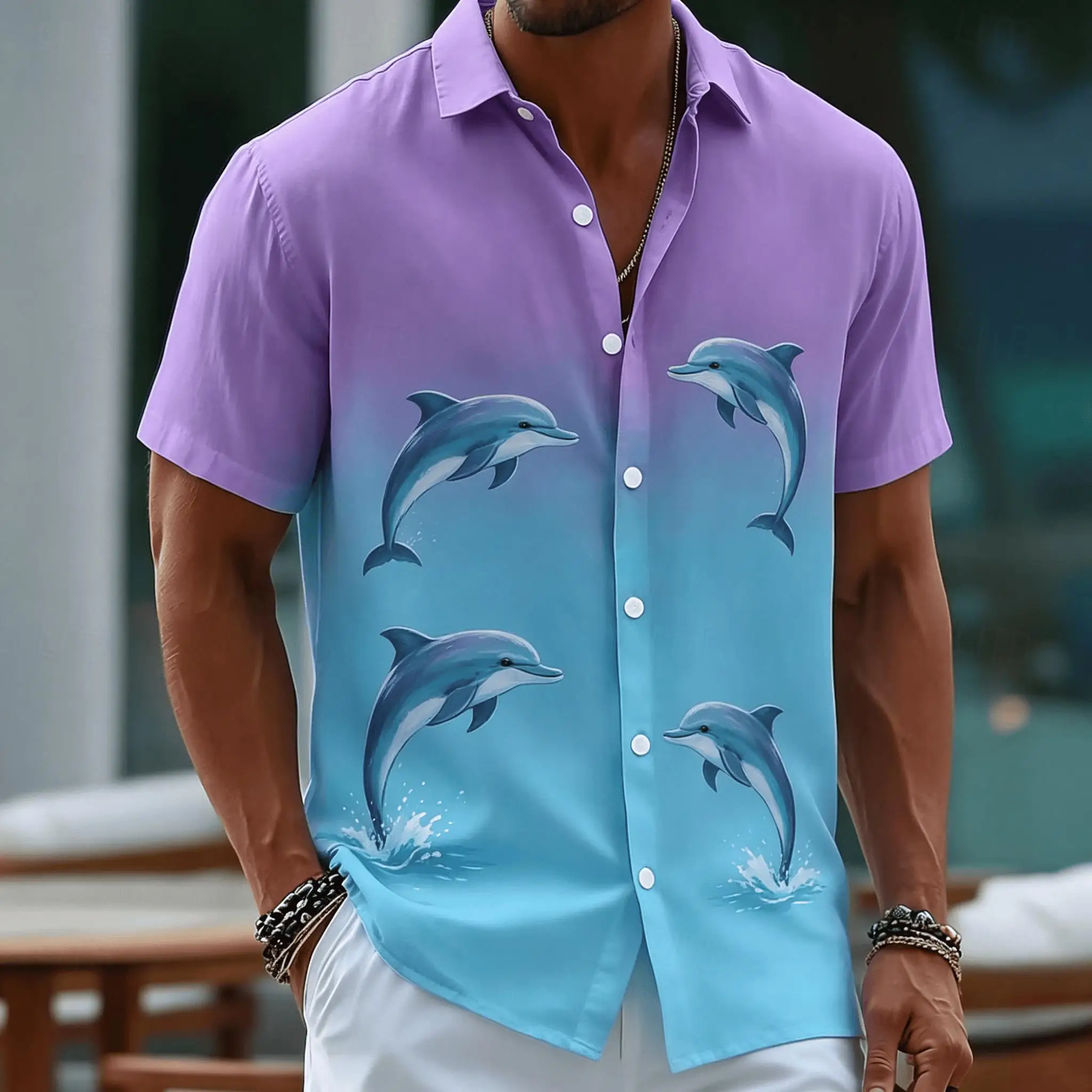Men's Gradient Dolphin Print Short Sleeve Shirt, Casual Hawaiian Button Up Shirt for Spring & Summer
Men's Gradient Dolphin Print Short Sleeve Shirt, Casual Hawaiian Button Up Shirt for Spring & Summer