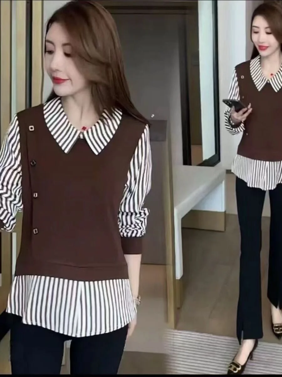 Slimming Stripe Patchwork Long Sleeve Shirt Fashionable Mom Base Layer Top Breathable Polyester Fiber Casual Neck Design
Slimming Stripe Patchwork Long Sleeve Shirt Fashionable Mom Base Layer Top Breathable Polyester Fiber Casual Neck Design