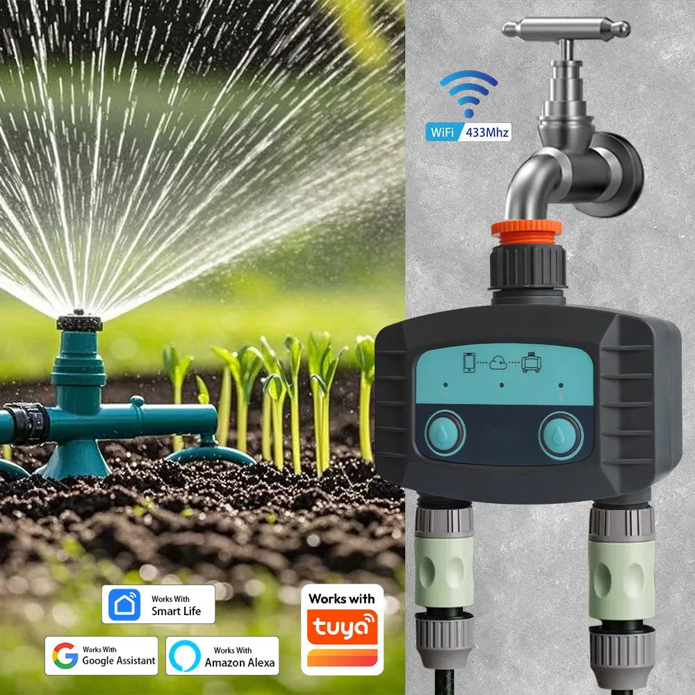 Tuya 2 outlet automatic water timer garden irrigation watering system independent control sprinkler programmer works with tuya
Tuya 2 outlet automatic water timer garden irrigation watering system independent control sprinkler programmer works with tuya