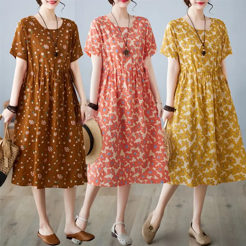 Summer New Fashion Trend Printed Drawstring Round Neck Short Sleeve Elegant Temperament Loose Versatile A-line Mid Length Dress
Summer New Fashion Trend Printed Drawstring Round Neck Short Sleeve Elegant Temperament Loose Versatile A-line Mid Length Dress