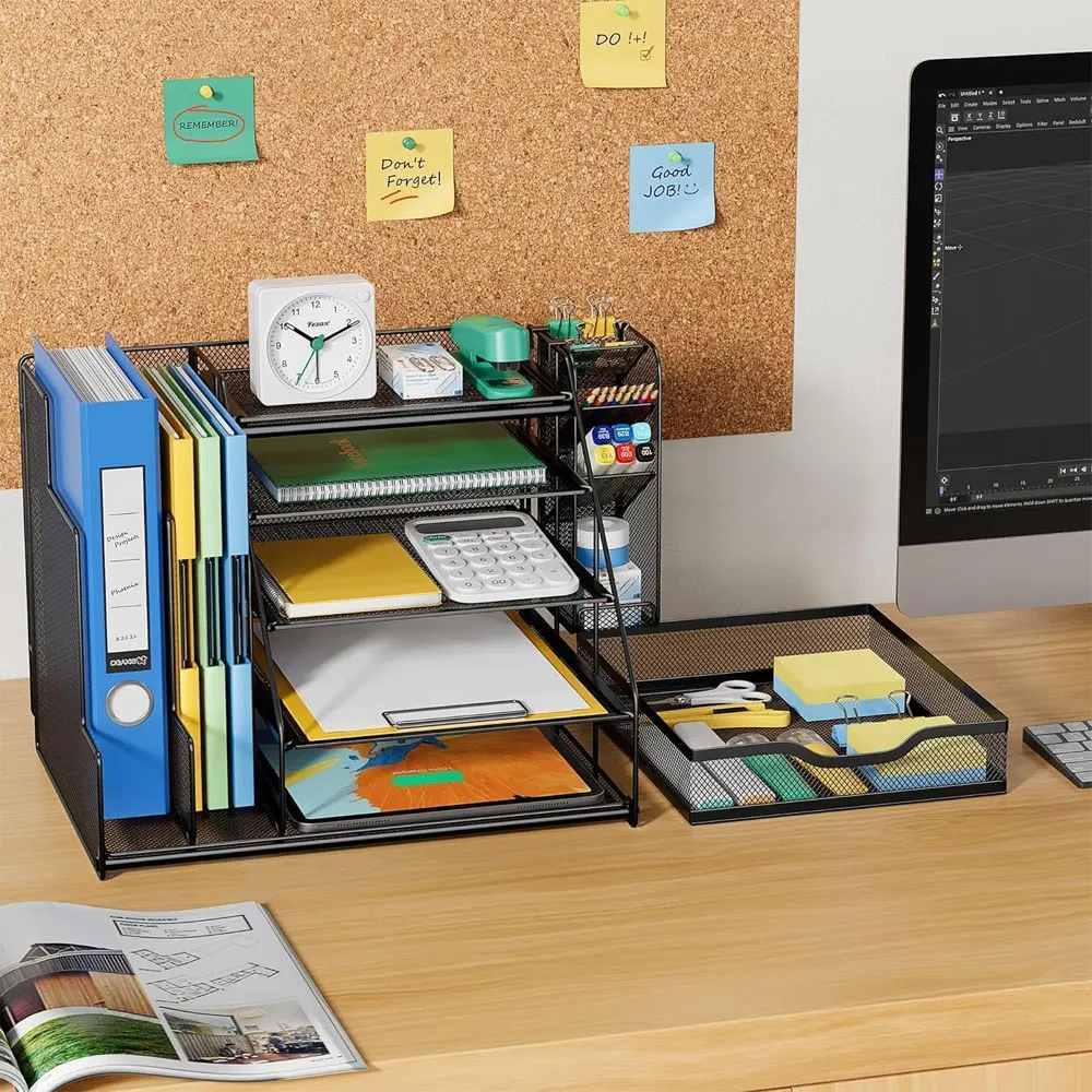 1PC Grid Desktop Organizer, 5-Layer Paper Tray with Extra Vertical File Sorter, Sliding Drawer and Pen Holder, Black Iron Mesh.
1PC Grid Desktop Organizer, 5-Layer Paper Tray with Extra Vertical File Sorter, Sliding Drawer and Pen Holder, Black Iron Mesh.