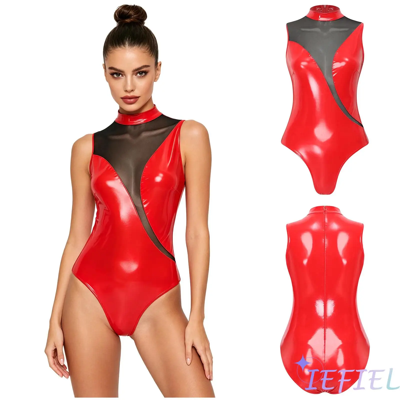 Womens Club Carnival Party Bodysuit Shiny Patent Leather Mock Neck Sleeveless Mesh Patchwork Back Zipper Leotard Disco Clubwear
Womens Club Carnival Party Bodysuit Shiny Patent Leather Mock Neck Sleeveless Mesh Patchwork Back Zipper Leotard Disco Clubwear