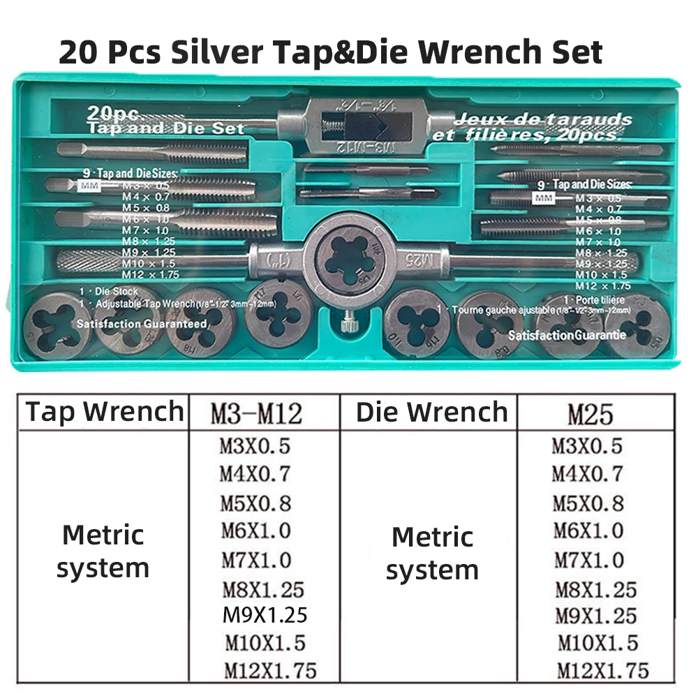 20pcs Tap And Dies Set M3-M12 Metal Thread Female Drill Bits Alloy Steel Femetal Screw Key For Mechanical Workshop Hand Tools
20pcs Tap And Dies Set M3-M12 Metal Thread Female Drill Bits Alloy Steel Femetal Screw Key For Mechanical Workshop Hand Tools