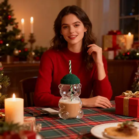 Niedliche Kaffeetasse in Bärenform, 500 ml, Cartoon-Glasbecher mit Strohhalm, transparente Tasse, Geburtstag, Weihnachten, Geschenk für Frauen, Kinder, Freunde