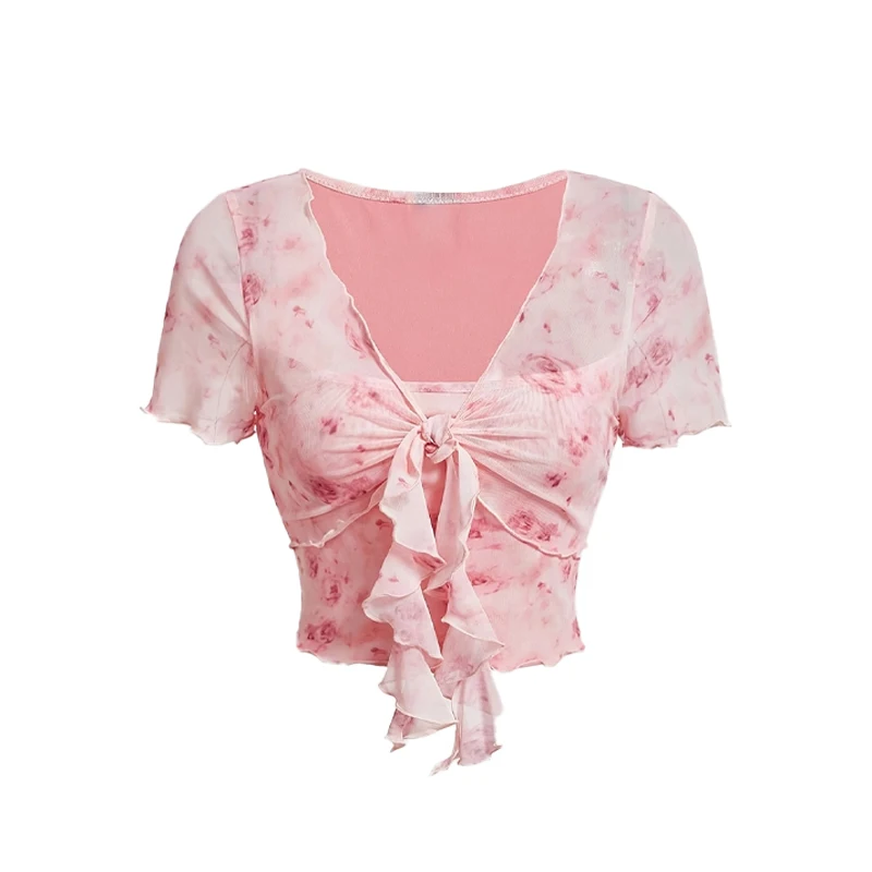 Летние женские милые футболки с v-образным вырезом и цветочным принтом Y2k, сетчатые прозрачные укороченные топы, рубашка с короткими рукавами и v-образным вырезом на шнуровке, уличная одежда
Летние женские милые футболки с v-образным вырезом и цветочным принтом Y2k, сетчатые прозрачные укороченные топы, рубашка с короткими рукавами и v-образным вырезом на шнуровке, уличная одежда