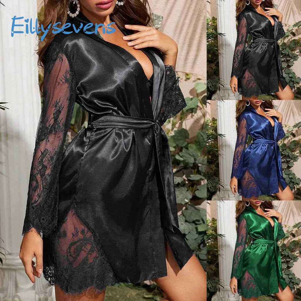 Satin Silk Pajamas Robes Women Sexy Fashion Mesh Lace Splicing Long Sleeve Lace-Up Robes Summer Comfy Lightweight Cool Robes
Satin Silk Pajamas Robes Women Sexy Fashion Mesh Lace Splicing Long Sleeve Lace-Up Robes Summer Comfy Lightweight Cool Robes