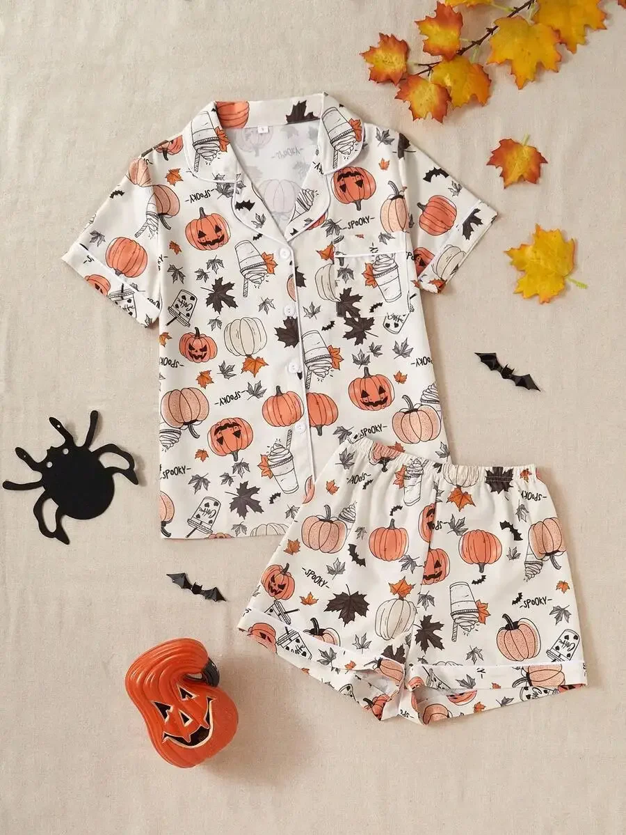 Womens Halloween Print Button-Up Short Sleeve Pajama Set With Shorts
Womens Halloween Print Button-Up Short Sleeve Pajama Set With Shorts