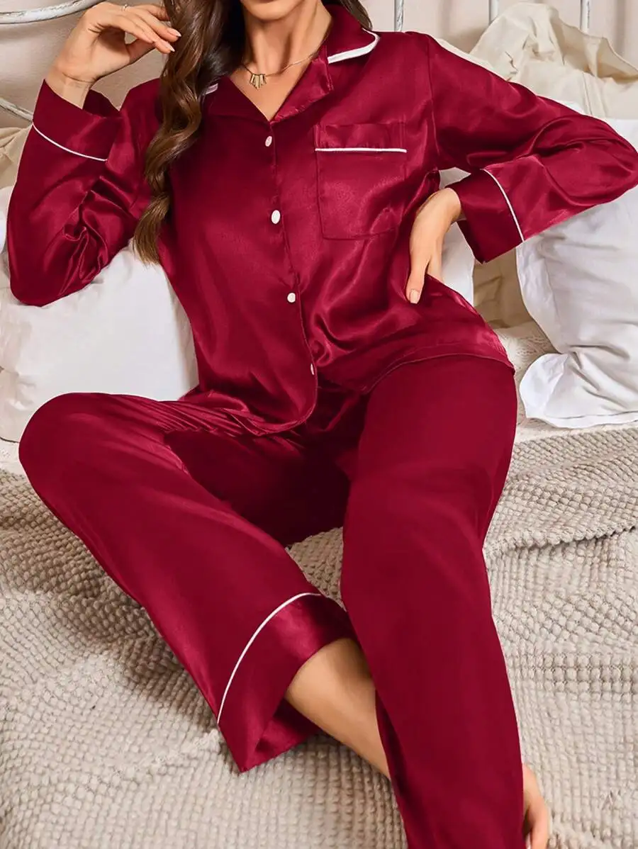 Womens Satin Lapel Collar Pajama Set With Pocket Long Sleeve Sleepwear
Womens Satin Lapel Collar Pajama Set With Pocket Long Sleeve Sleepwear