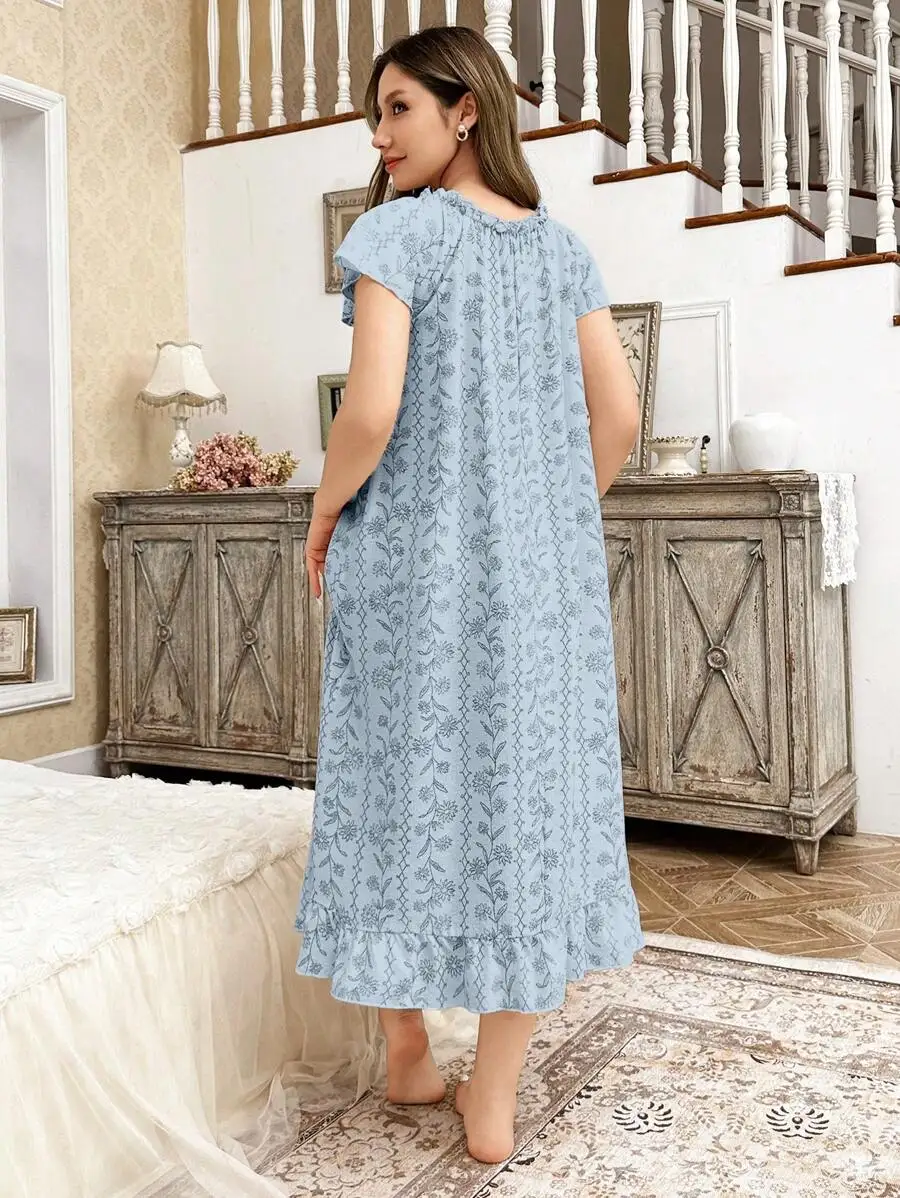Womens Floral Print Ruffle Hem Sleep Dress With Bow Accent
Womens Floral Print Ruffle Hem Sleep Dress With Bow Accent