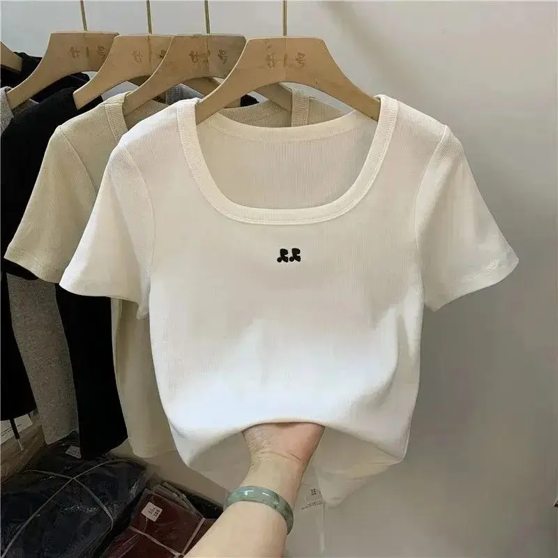 Ice Silk Short Sleeve Korean Pullovers Top Women Clothing Summer New Embroidery Slim Solid Short Fashion T Shirts Casual Trend
Ice Silk Short Sleeve Korean Pullovers Top Women Clothing Summer New Embroidery Slim Solid Short Fashion T Shirts Casual Trend
