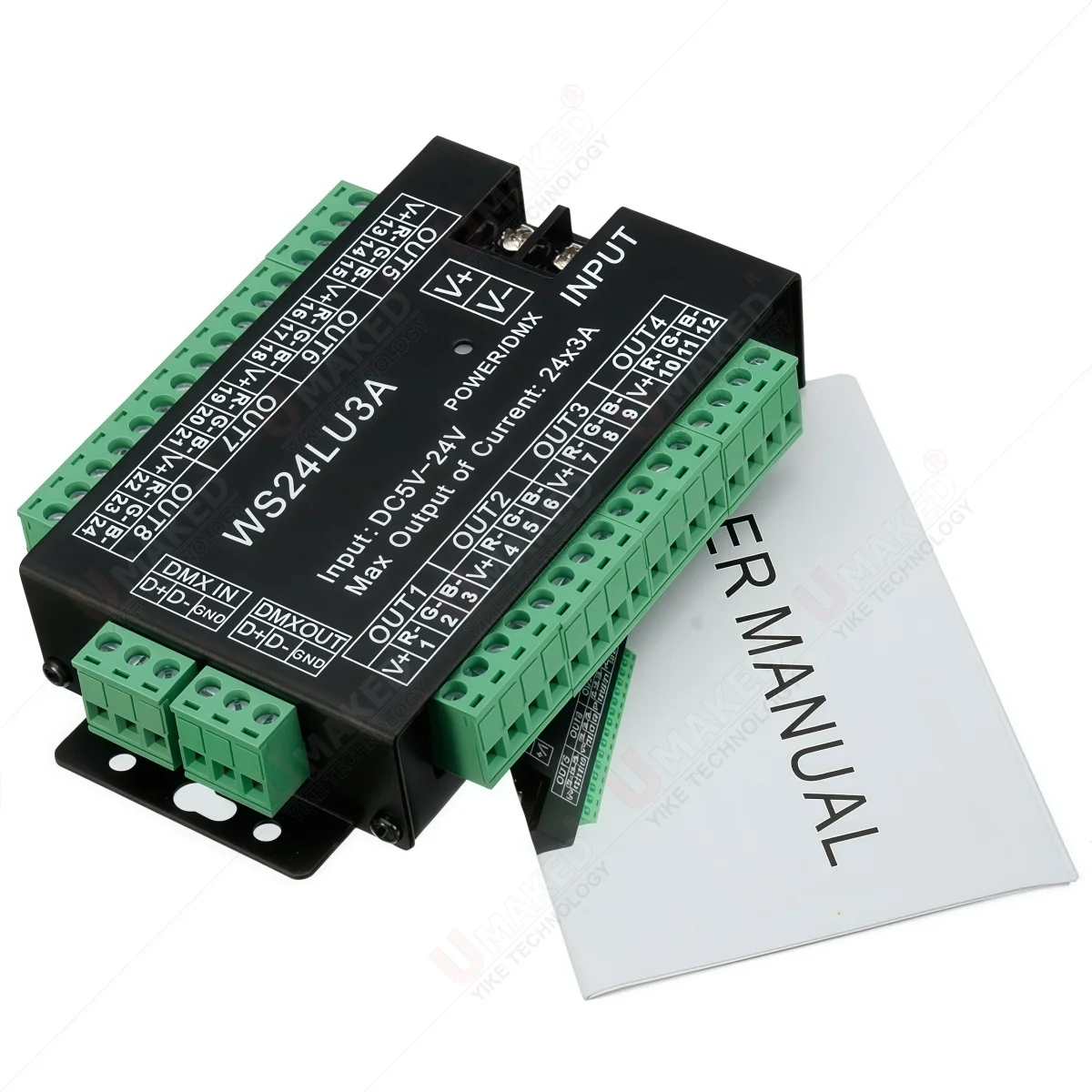 1set 24CH Easy dmx512 decoder,LED dimmer Controller WS24LU3A DC5V-24V,each channel Max 3A,8 groups RGB controller,Iron shell
1set 24CH Easy dmx512 decoder,LED dimmer Controller WS24LU3A DC5V-24V,each channel Max 3A,8 groups RGB controller,Iron shell