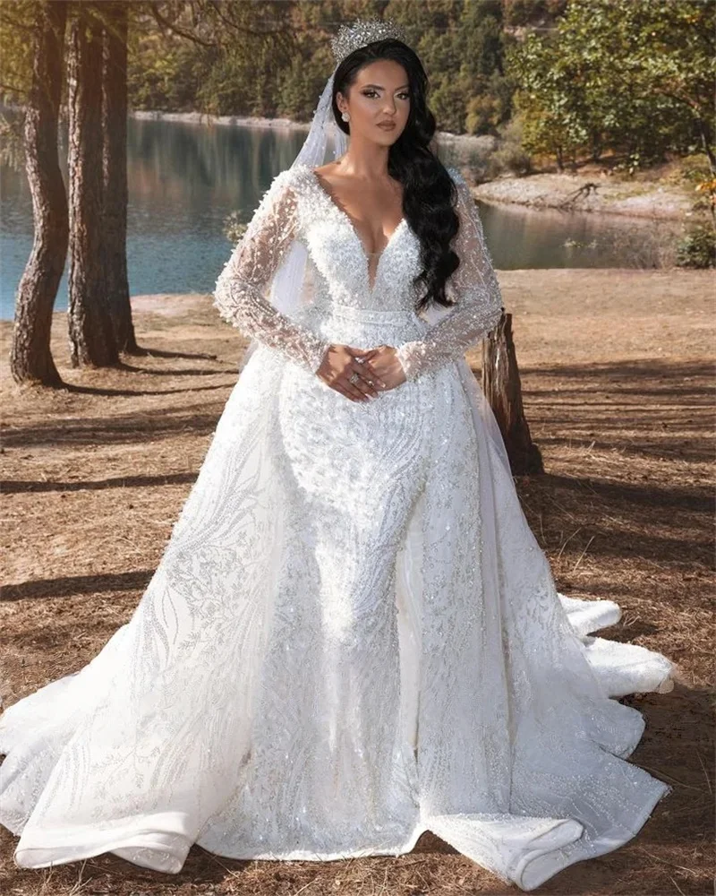 Glitter Wedding Dresses with Detachable Train Bridal Gowns Long Sleeve Robe Pearls Beads Crystals Vestidos Customized
Glitter Wedding Dresses with Detachable Train Bridal Gowns Long Sleeve Robe Pearls Beads Crystals Vestidos Customized