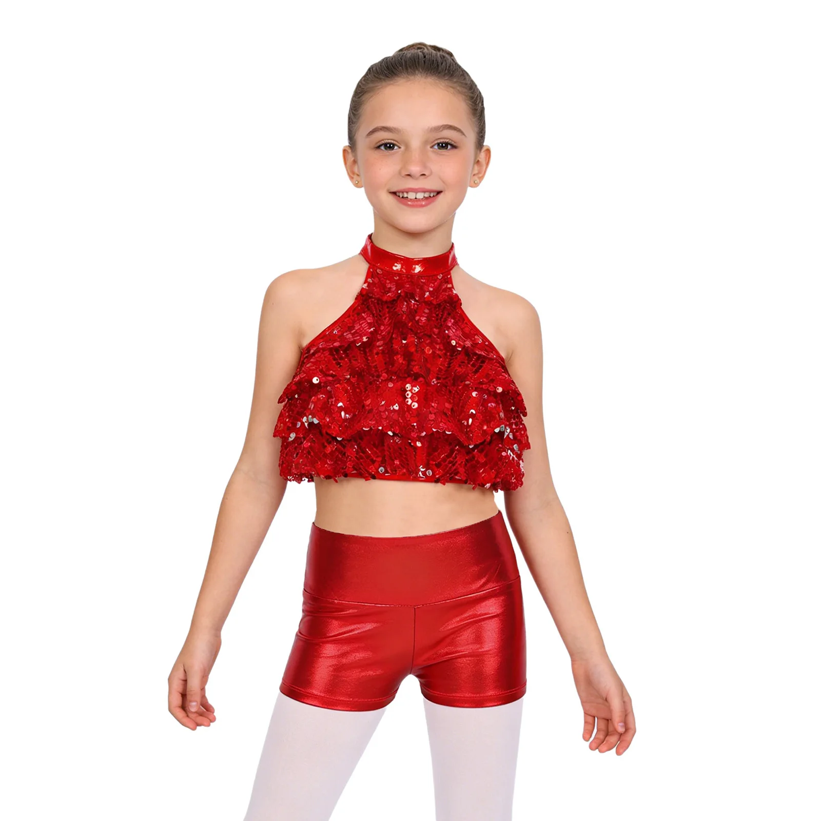 Kids Girls Metallic Shiny Modern Jazz Dance Outfit Cheerleading Gymnastic Performance Costume Sequin Tiered Crop Top with Shorts
Kids Girls Metallic Shiny Modern Jazz Dance Outfit Cheerleading Gymnastic Performance Costume Sequin Tiered Crop Top with Shorts
