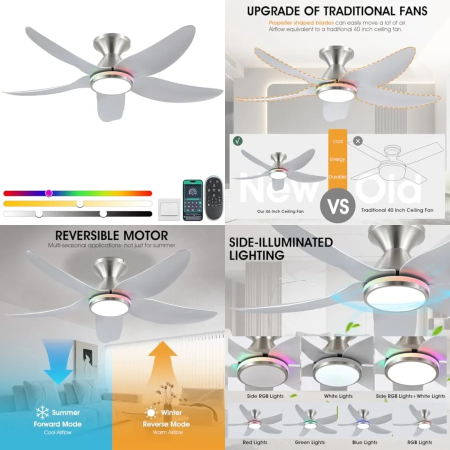 Ceilg Fans with Lights Remote/APP Control, Low Profile Ceiling Fans with Dimmable Colors+Ring Lights, 6 Speeds 5 Reversible Cur
Ceilg Fans with Lights Remote/APP Control, Low Profile Ceiling Fans with Dimmable Colors+Ring Lights, 6 Speeds 5 Reversible Cur