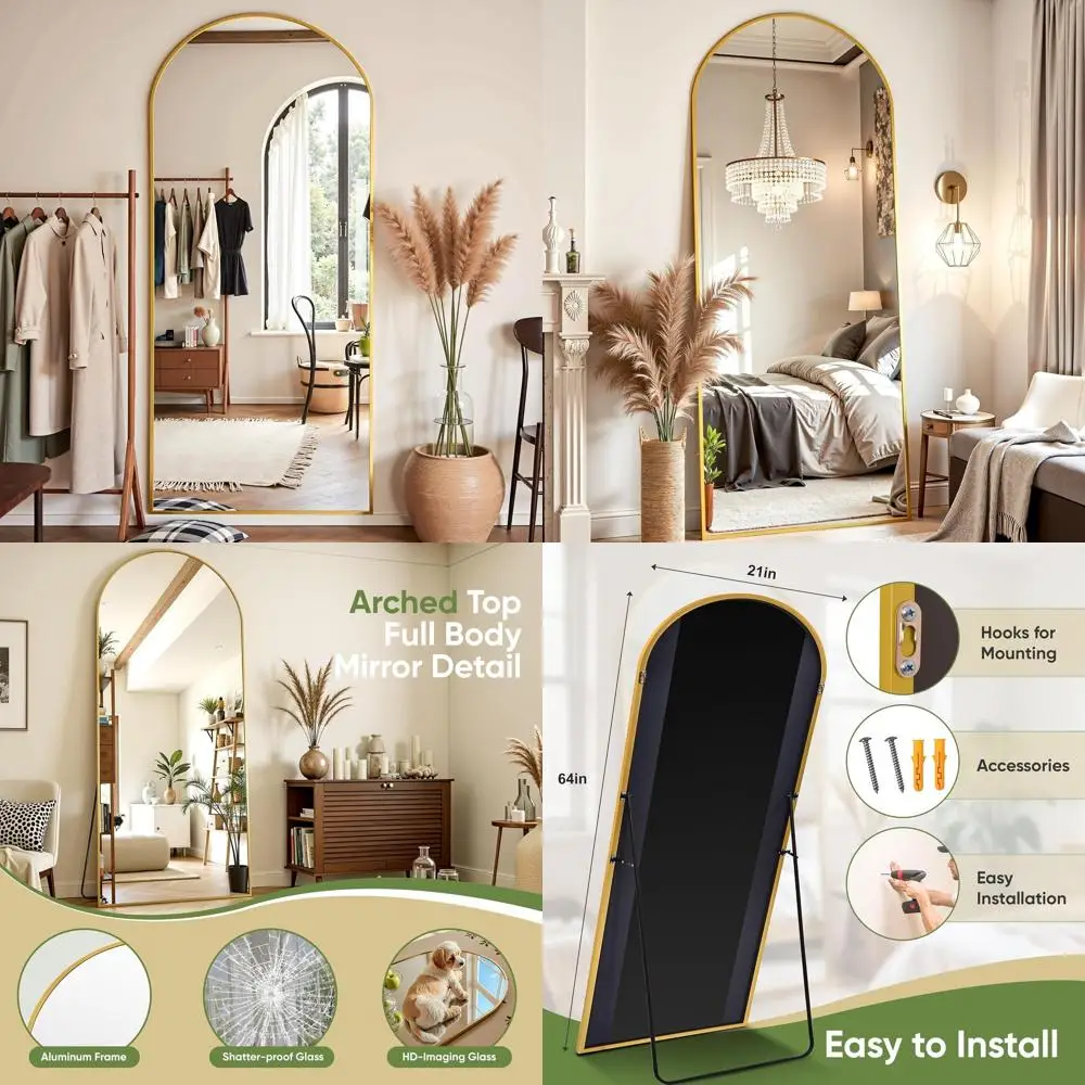 Arched 64x21 Floor Standing Mirror with Aluminum Frame, Gold Finish for Home Décor
Arched 64x21 Floor Standing Mirror with Aluminum Frame, Gold Finish for Home Décor