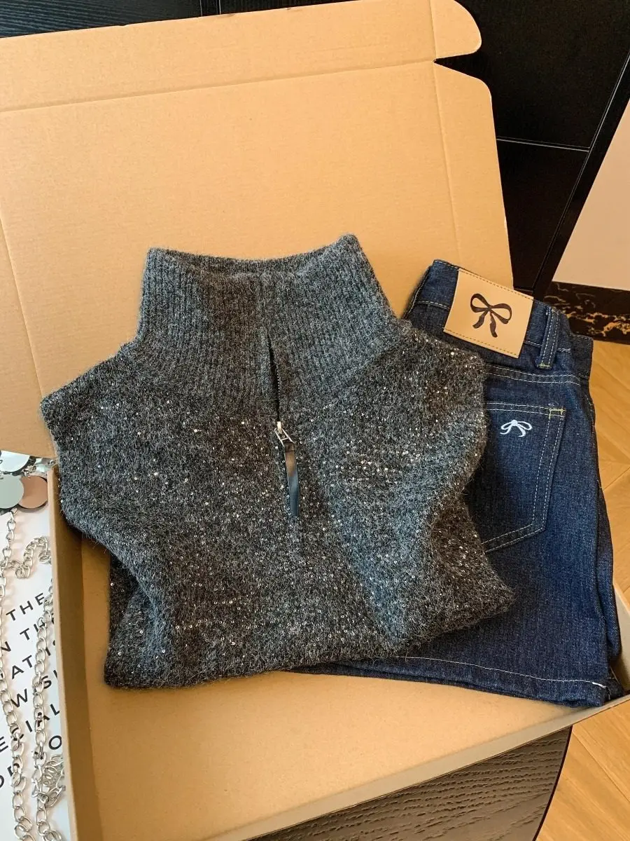 Elegant Glitter Knitted Sweater Women's High Collar Half Zip Soft Polyester Fiber Commute Style Autumn Winter New Arrival
Elegant Glitter Knitted Sweater Women's High Collar Half Zip Soft Polyester Fiber Commute Style Autumn Winter New Arrival