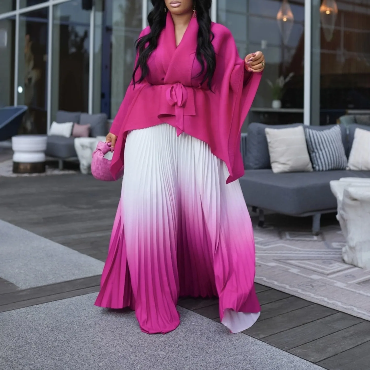 Fuchsia Long Sleeve Dress Pleated Skirt Gradient Maxi Dress V Neck Self Tie Belt Wrap Dress Mint Green Two Piece
Fuchsia Long Sleeve Dress Pleated Skirt Gradient Maxi Dress V Neck Self Tie Belt Wrap Dress Mint Green Two Piece