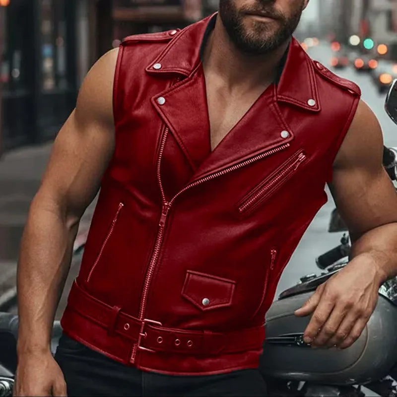 New men's PU leather motorcycle riding jacket with a fitted collar and zipper-style front - a punk style design.
New men's PU leather motorcycle riding jacket with a fitted collar and zipper-style front - a punk style design.