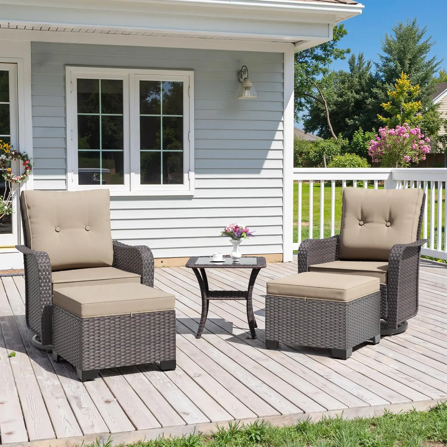 5-Piece Outdoor Swivel Rocking Chair Set with 4” Thick Cushions and High Back, Wicker Patio Chairs with Side Tables, Customized
5-Piece Outdoor Swivel Rocking Chair Set with 4” Thick Cushions and High Back, Wicker Patio Chairs with Side Tables, Customized