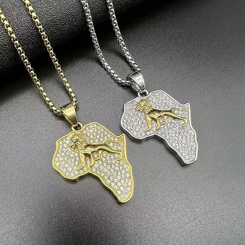 Stainless steel gold-plated rhinestone African lion studded diamond map pendant
Stainless steel gold-plated rhinestone African lion studded diamond map pendant