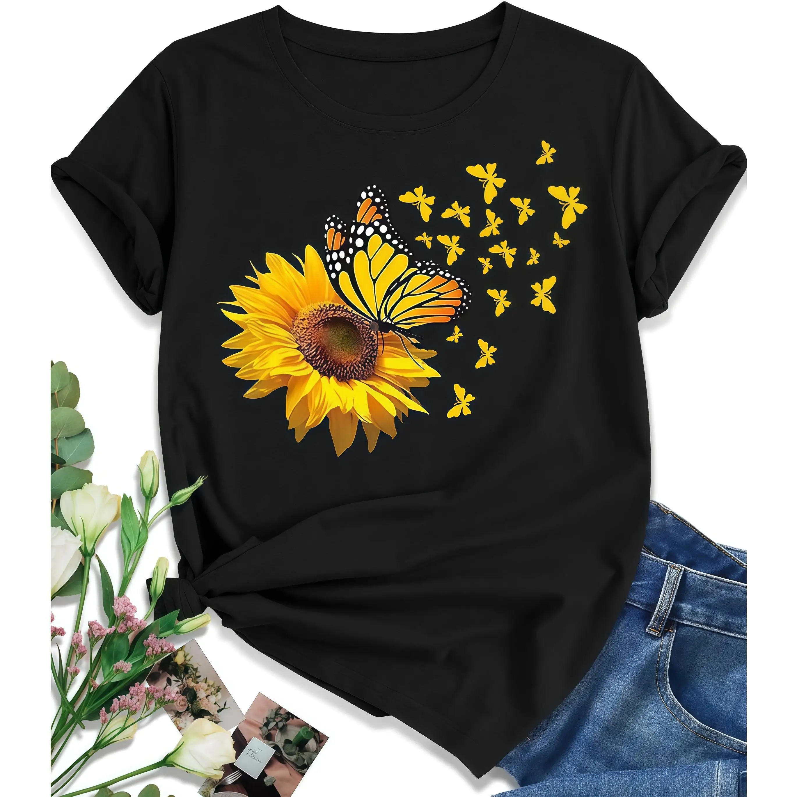 Sunflower and Butterfly T-shirt Women Floral Graphic Casual Summer Tee with Short Sleeve 
Sunflower and Butterfly T-shirt Women Floral Graphic Casual Summer Tee with Short Sleeve