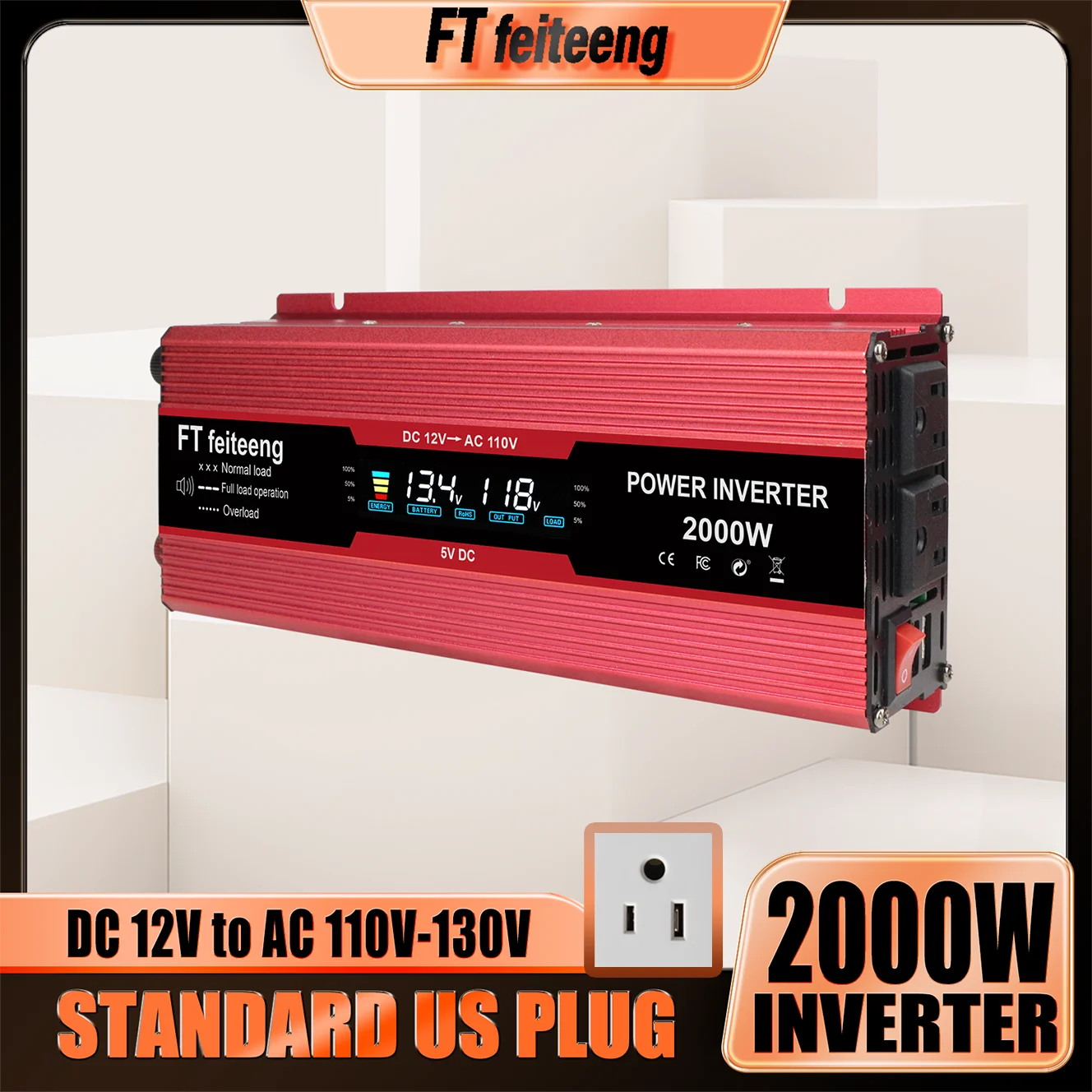 FT feiteeng 2000W Power Inverter 12V to 110V US Plug for Solar System Off Grid Cabin with LCD Display Cooling Fan
FT feiteeng 2000W Power Inverter 12V to 110V US Plug for Solar System Off Grid Cabin with LCD Display Cooling Fan