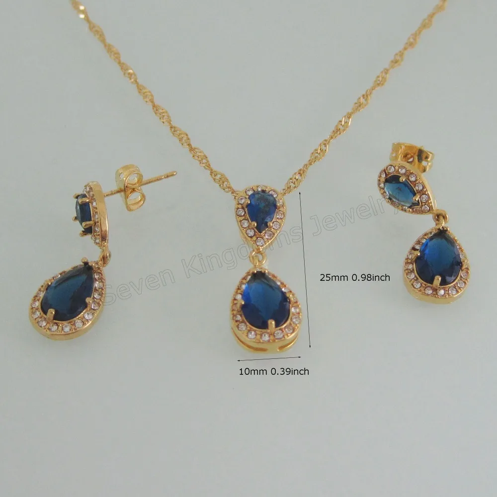 YELLOW GOLD PLATED BLUE STONE VIVID WATER DROP SHAPE PENDANT NECKLACE EARRING SET
YELLOW GOLD PLATED BLUE STONE VIVID WATER DROP SHAPE PENDANT NECKLACE EARRING SET