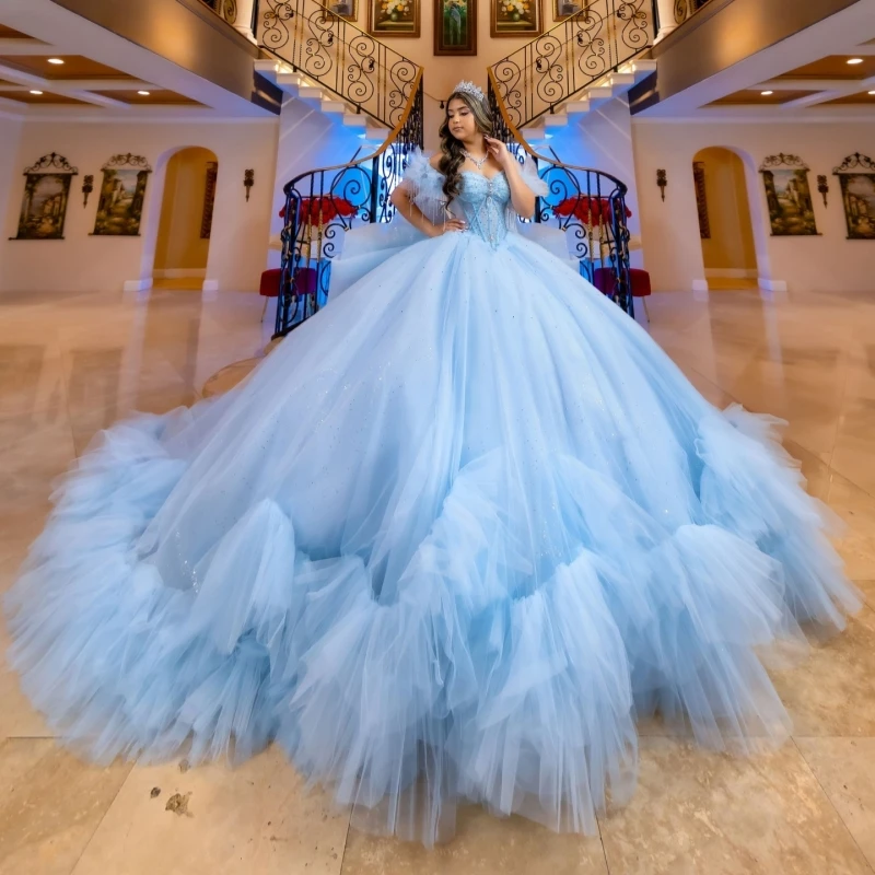 Sky Blue Shiny Quinceanera Dresses Off The Shoulder Beading Crystal Tiered Tull Bow Party Birthday Sweet 16 Dress Vestidos 15 De
Sky Blue Shiny Quinceanera Dresses Off The Shoulder Beading Crystal Tiered Tull Bow Party Birthday Sweet 16 Dress Vestidos 15 De