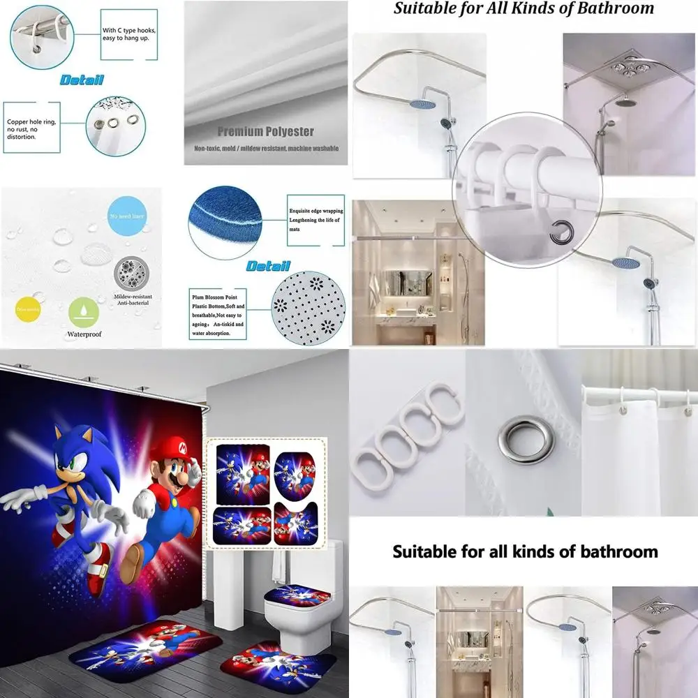 Super Sonic & Mario Bathroom Set: Shower Curtain, Toilet Cover, Mats, 72 Waterproof Decor
Super Sonic & Mario Bathroom Set: Shower Curtain, Toilet Cover, Mats, 72 Waterproof Decor