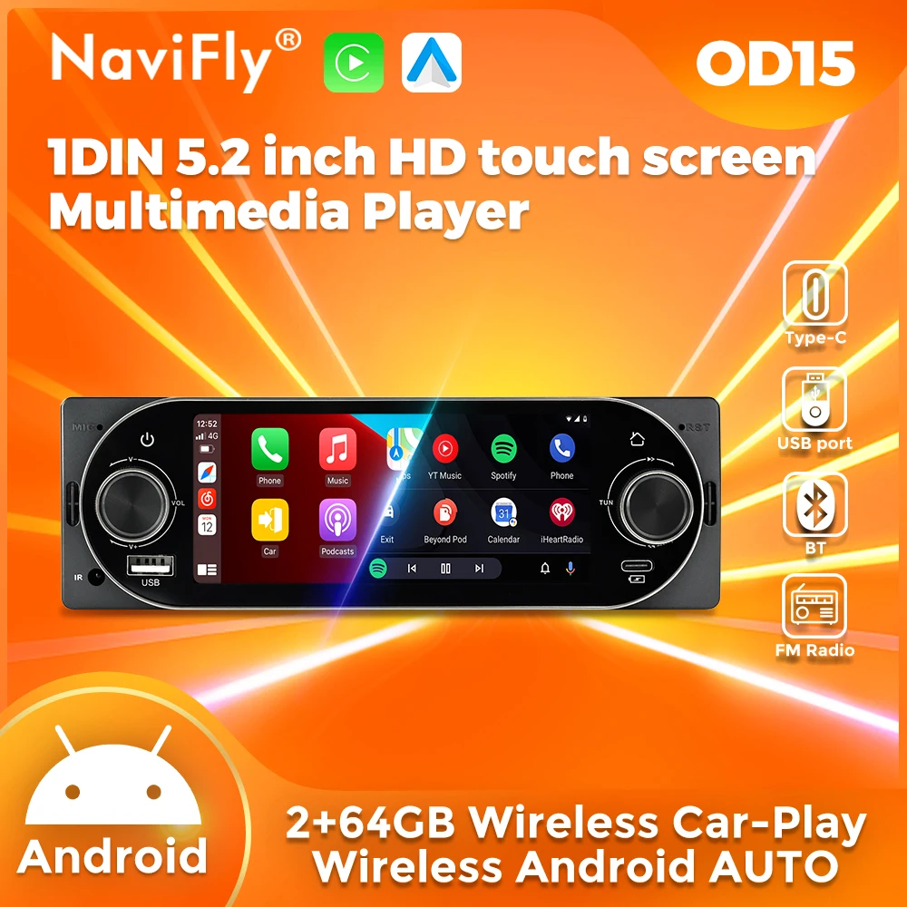 NaviFly 2G+64G Android 13 Universal 1Din 5.2" Dual-Knob Screen Wireless CarPlay Auto Car Radio Multimedia Video Player GPS FM BT
NaviFly 2G+64G Android 13 Universal 1Din 5.2" Dual-Knob Screen Wireless CarPlay Auto Car Radio Multimedia Video Player GPS FM BT