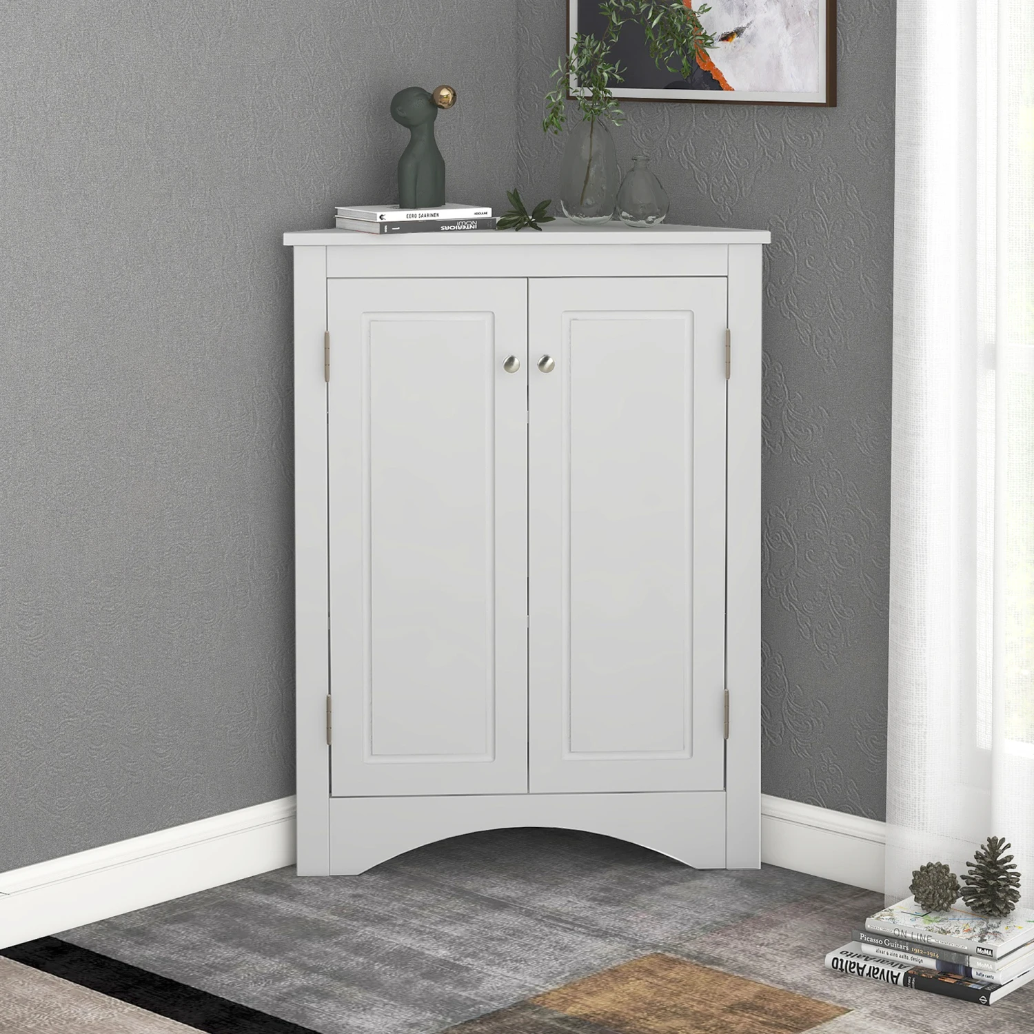 White Triangle Bathroom Storage Cabinet, Adjustable Shelves, Freestanding Floor Cabinet, Kitchen Organizer
White Triangle Bathroom Storage Cabinet, Adjustable Shelves, Freestanding Floor Cabinet, Kitchen Organizer