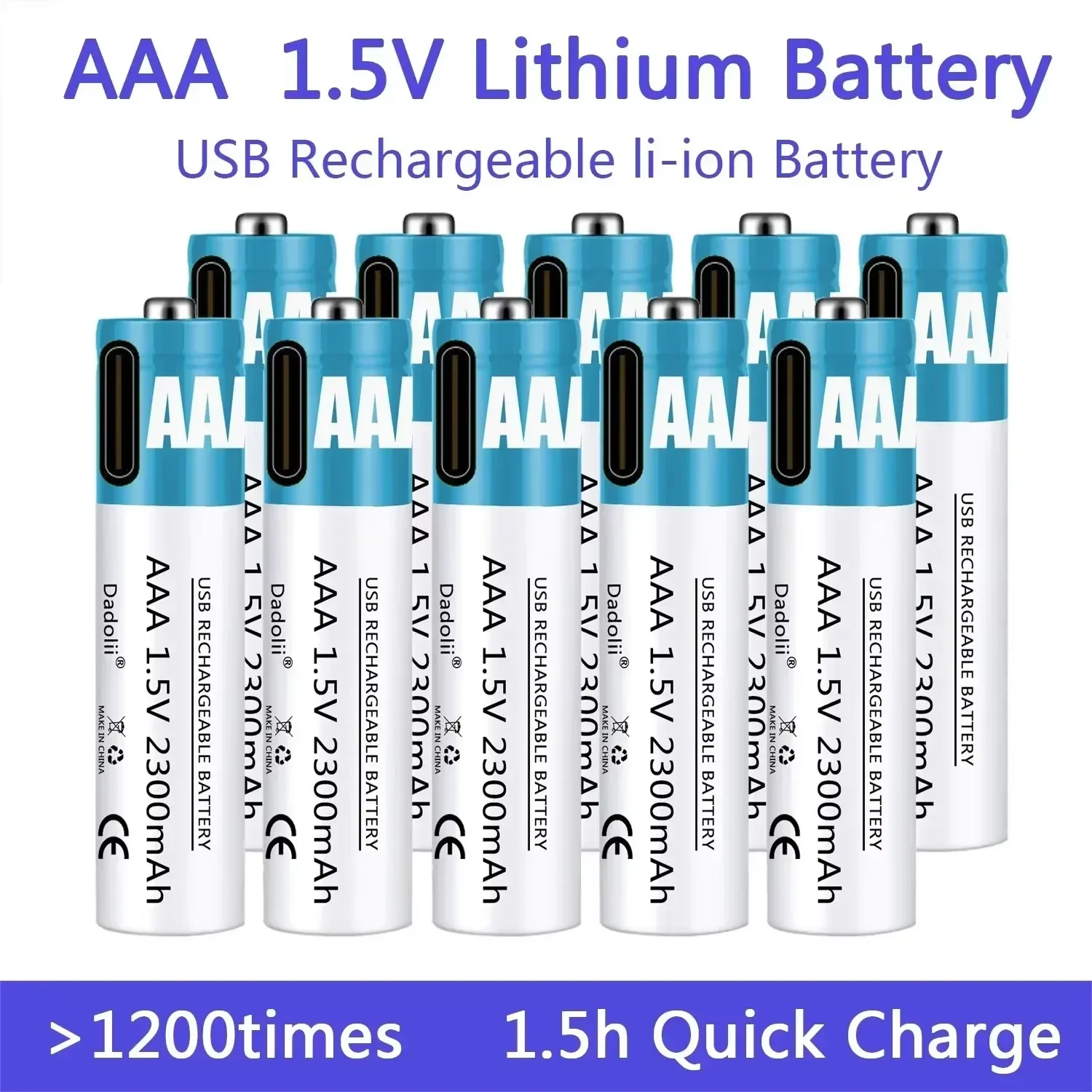 New 1.5V AAA Rechargeable Battery 2300mAh Rechargeable AAA Battery Lithium Polymer Battery Quick Charging by Type-C USB Cable
New 1.5V AAA Rechargeable Battery 2300mAh Rechargeable AAA Battery Lithium Polymer Battery Quick Charging by Type-C USB Cable