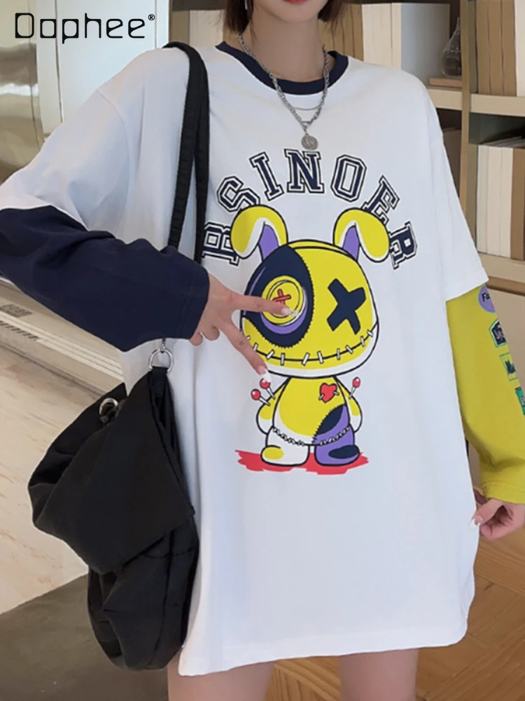 Cartoon Printed Patchwork Long Sleeves T-shirt Women Spring Autumn Mid-Length Loose Leisure Color-Block Crew Neck Cotton Top
Cartoon Printed Patchwork Long Sleeves T-shirt Women Spring Autumn Mid-Length Loose Leisure Color-Block Crew Neck Cotton Top